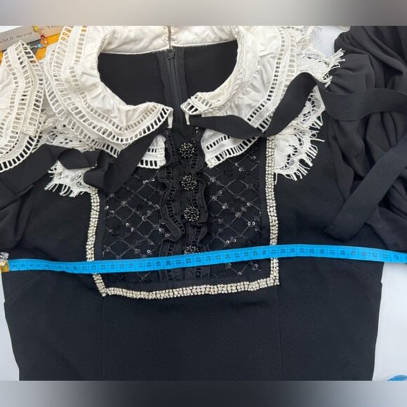 🆕 SELF-PORTRAIT 🧿 NWOT Diamante Trim Mini Dress, Black - Sz US 4 UK 8 - Picture 13 of 15